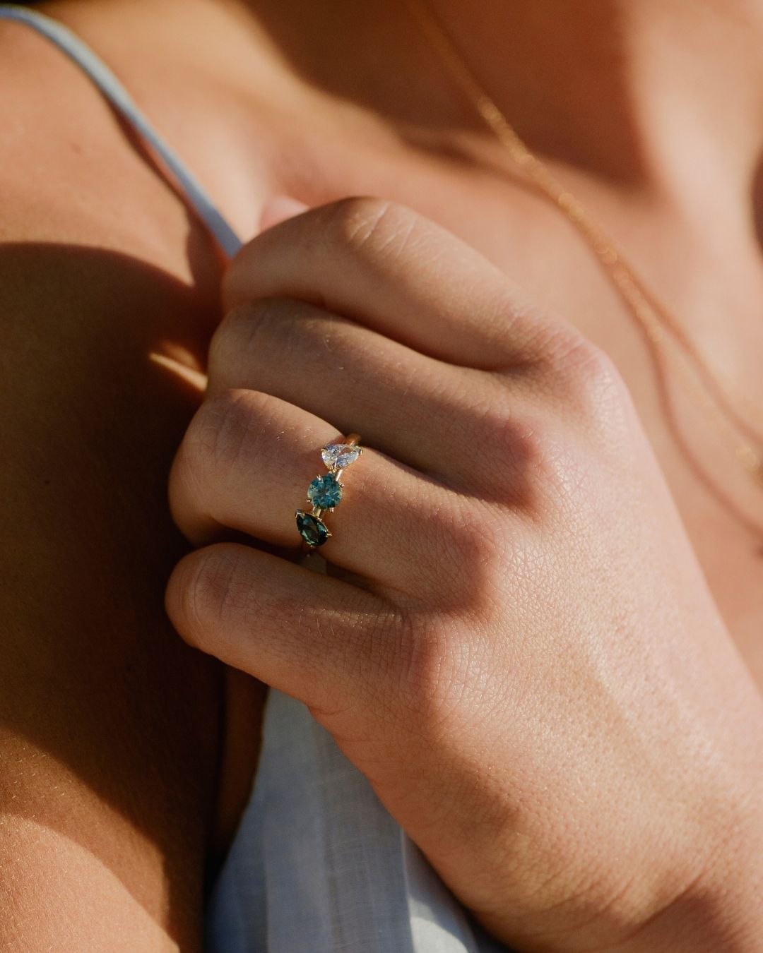 Three Stone Ring Sapphire Diamond Worn
